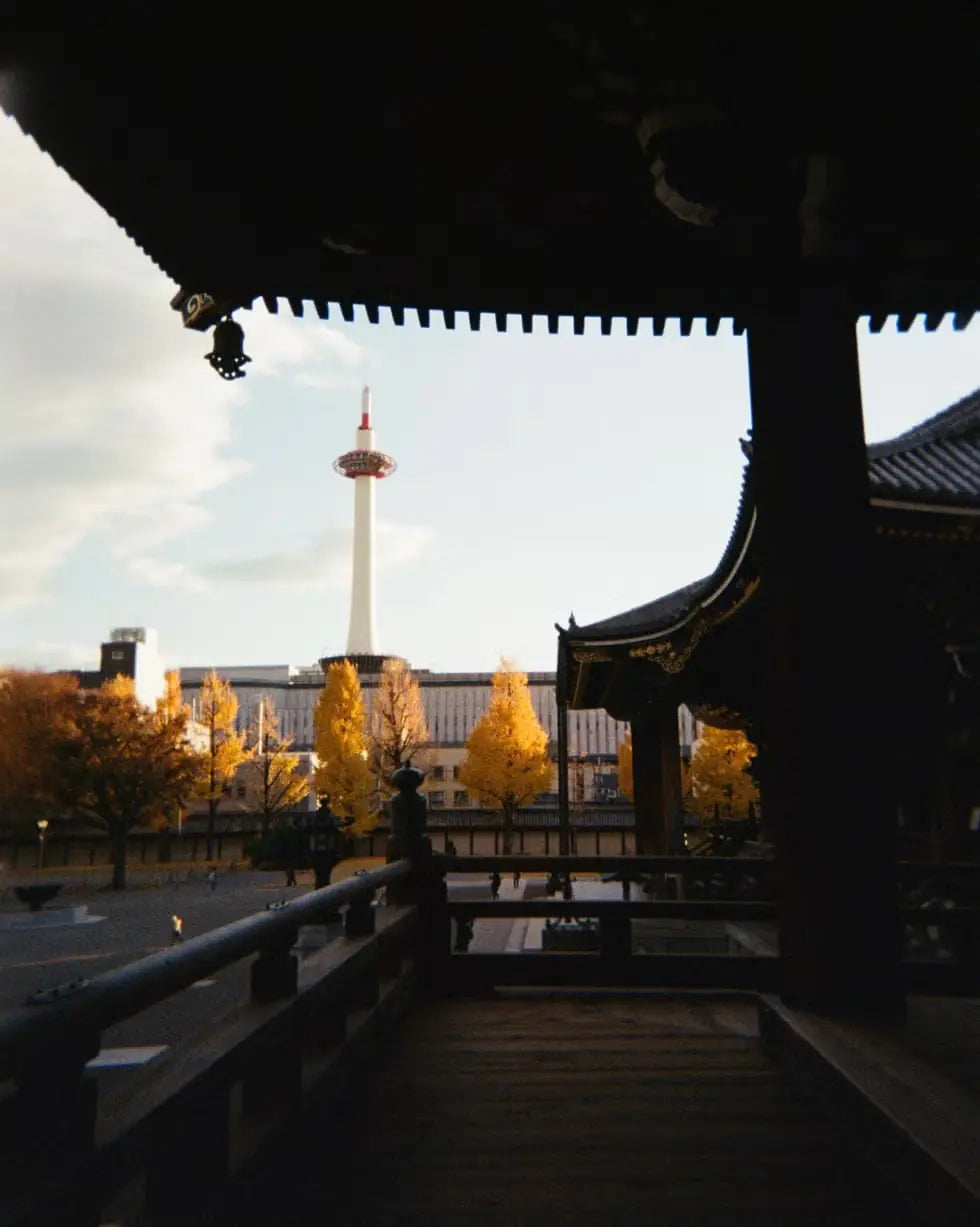 A temple and a tower at sunset, shot on a Fuji disposable camera