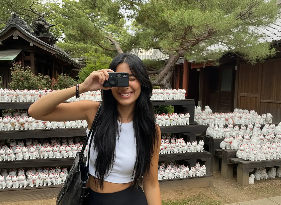 A woman taking a photo with the OH—TWO Digital Film camera